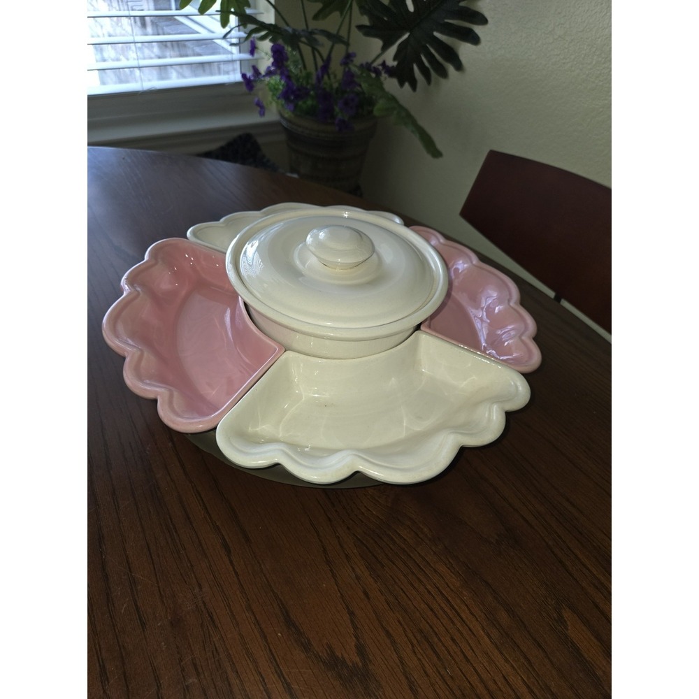 Vtg Miramar 1957 Pink And White Lazy Susan Chip And Dip Set